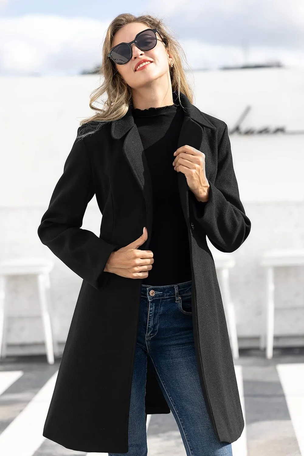 Kate Kasin Women A Line Peacoat Dress Coat Belted Notch Lapel Overcoat Fall Winter Trench Coats