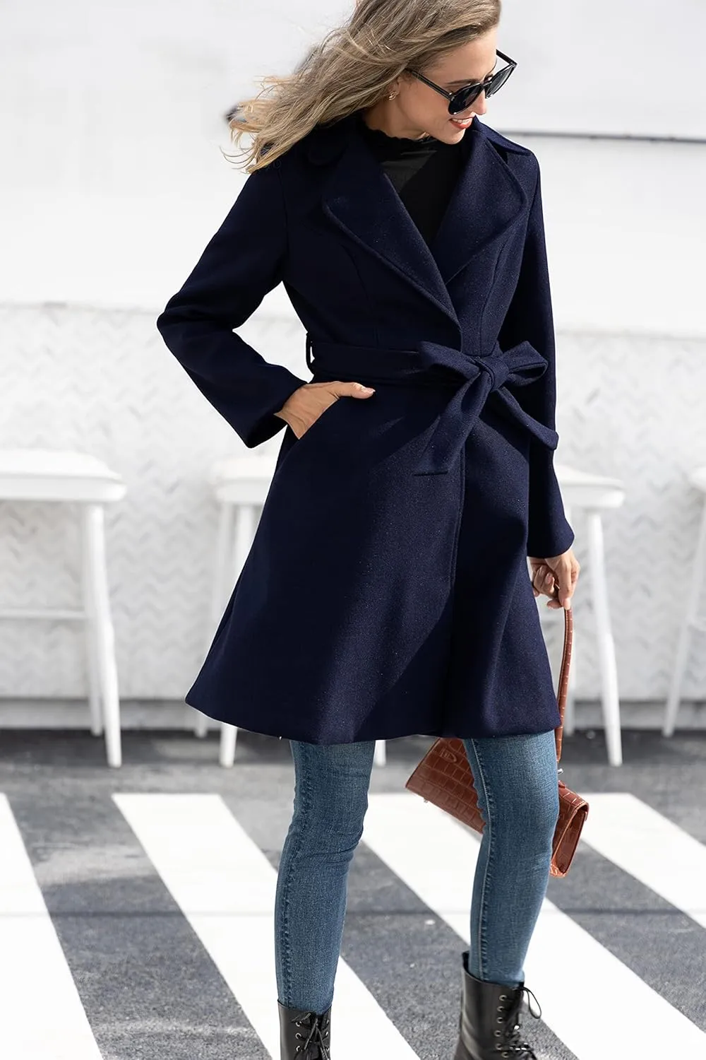 Kate Kasin Women A Line Peacoat Dress Coat Belted Notch Lapel Overcoat Fall Winter Trench Coats