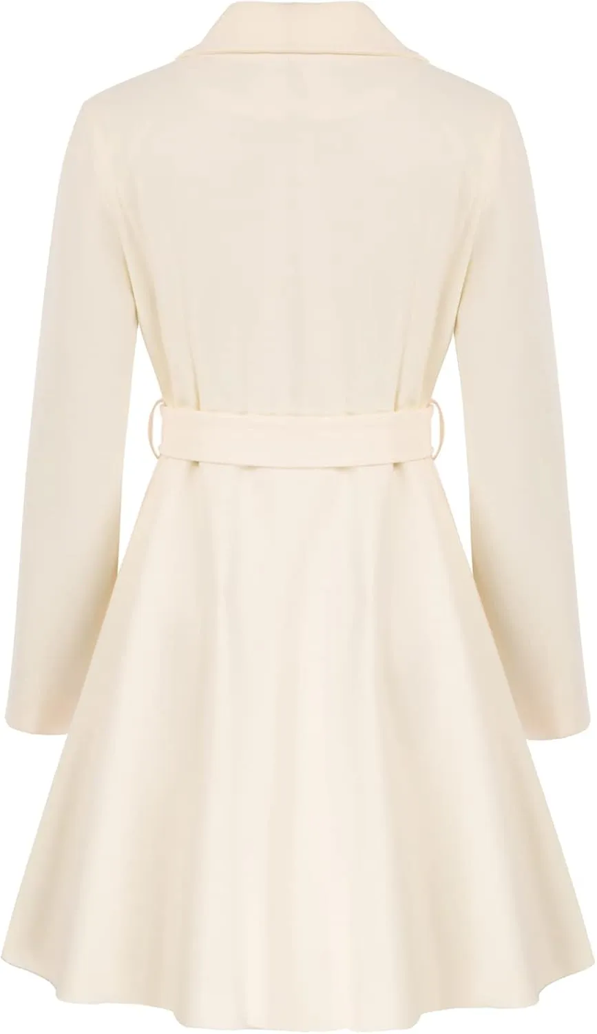 Kate Kasin Women A Line Peacoat Dress Coat Belted Notch Lapel Overcoat Fall Winter Trench Coats