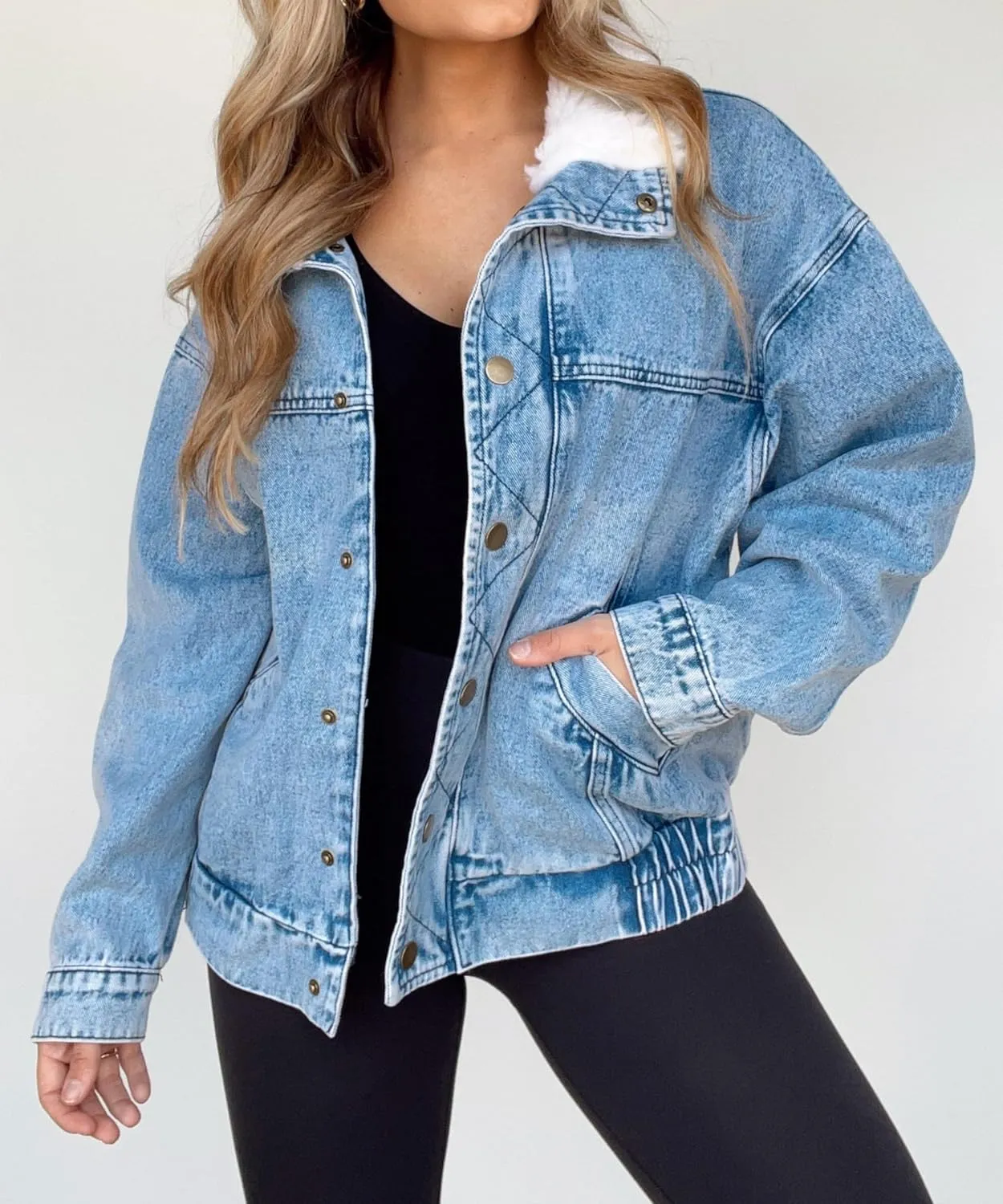 Kedera Womens Sherpa Collar Oversized Denim Jacket Boyfriend Jean Coat Jeans Trucker Bomber Jacket for Women Girls