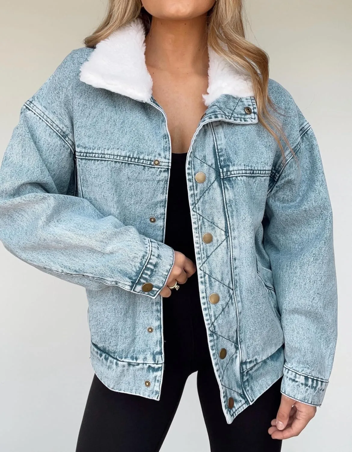 Kedera Womens Sherpa Collar Oversized Denim Jacket Boyfriend Jean Coat Jeans Trucker Bomber Jacket for Women Girls