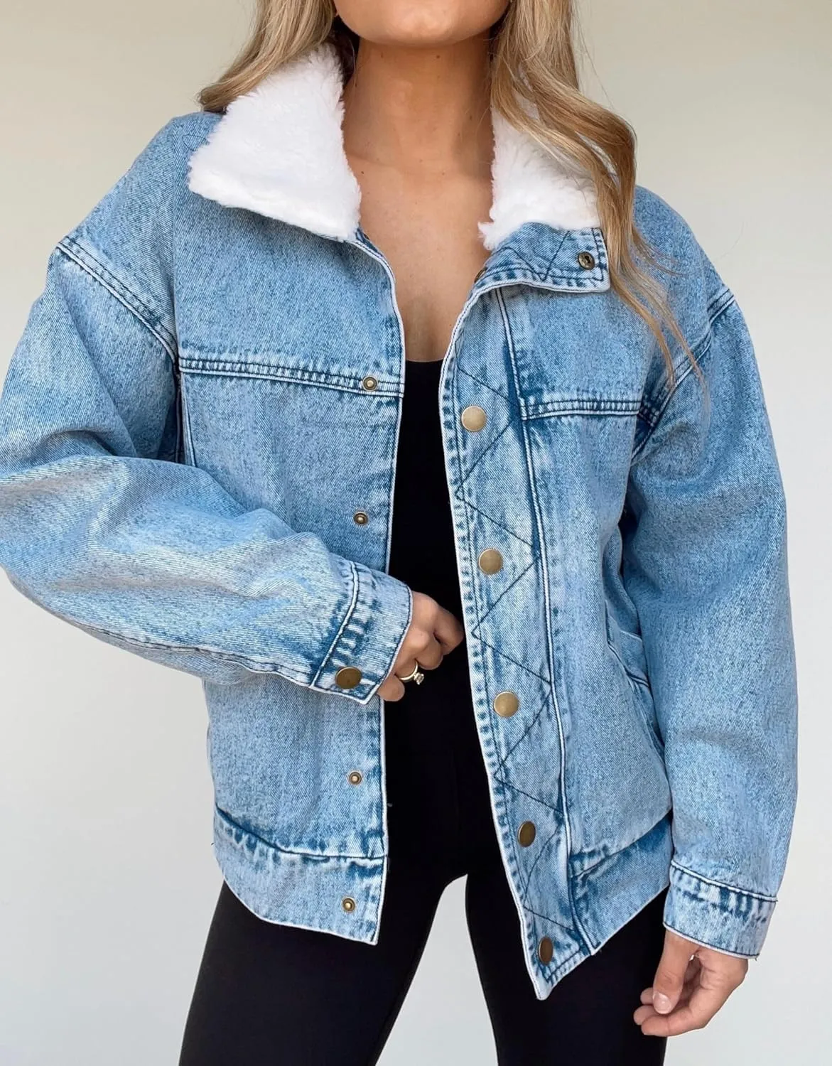 Kedera Womens Sherpa Collar Oversized Denim Jacket Boyfriend Jean Coat Jeans Trucker Bomber Jacket for Women Girls