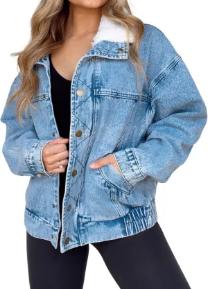Kedera Womens Sherpa Collar Oversized Denim Jacket Boyfriend Jean Coat Jeans Trucker Bomber Jacket for Women Girls