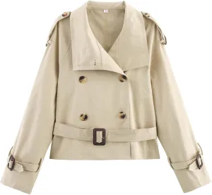 KEOMUD Women's Spring Fall Double Breasted Cropped Trench Coat,Casual Elegant Short Trench Coat Jacket for Street Wear