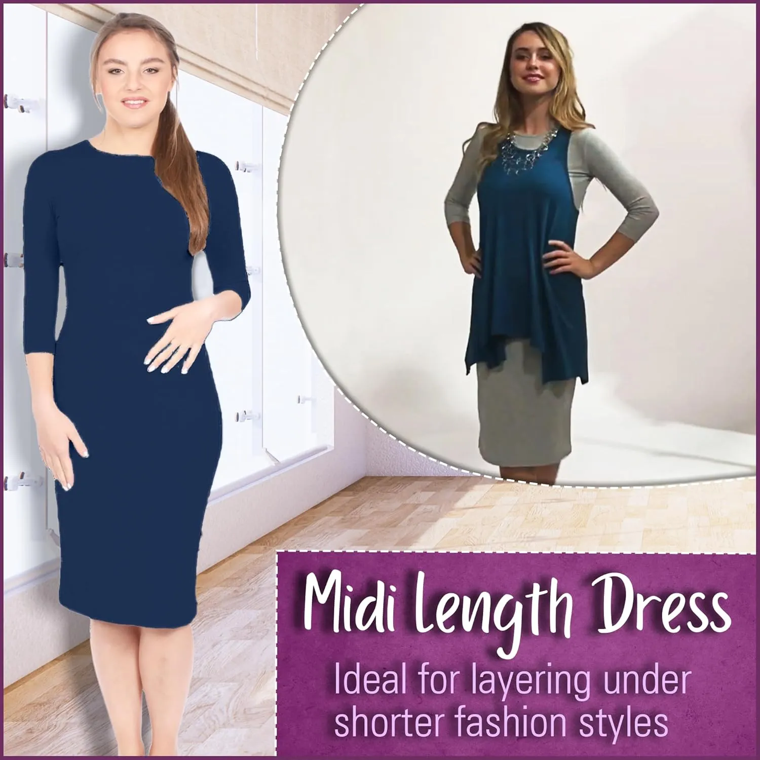 Kosher Casual Women's Modest Knee Length 3/4 Sleeve Layering Midi Dress