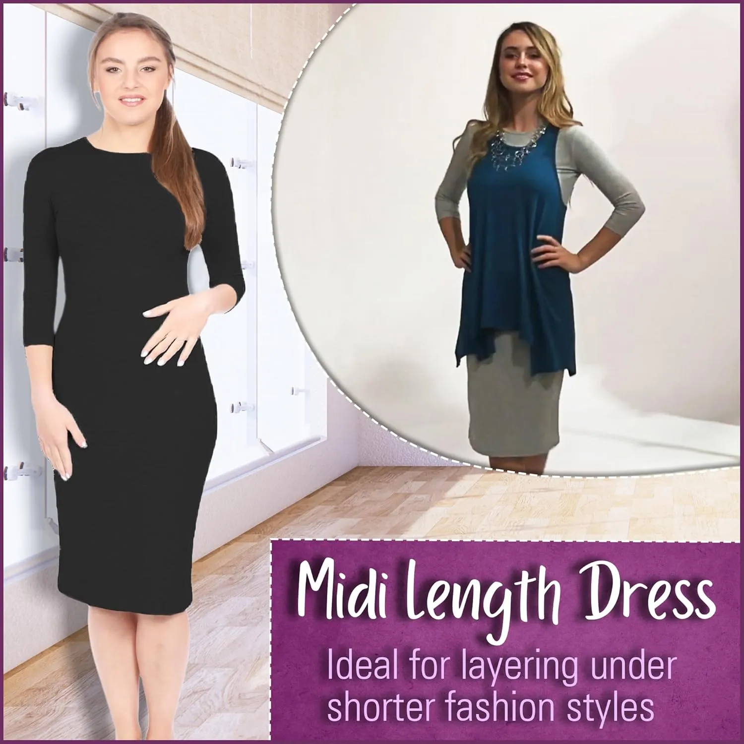 Kosher Casual Women's Modest Knee Length 3/4 Sleeve Layering Midi Dress