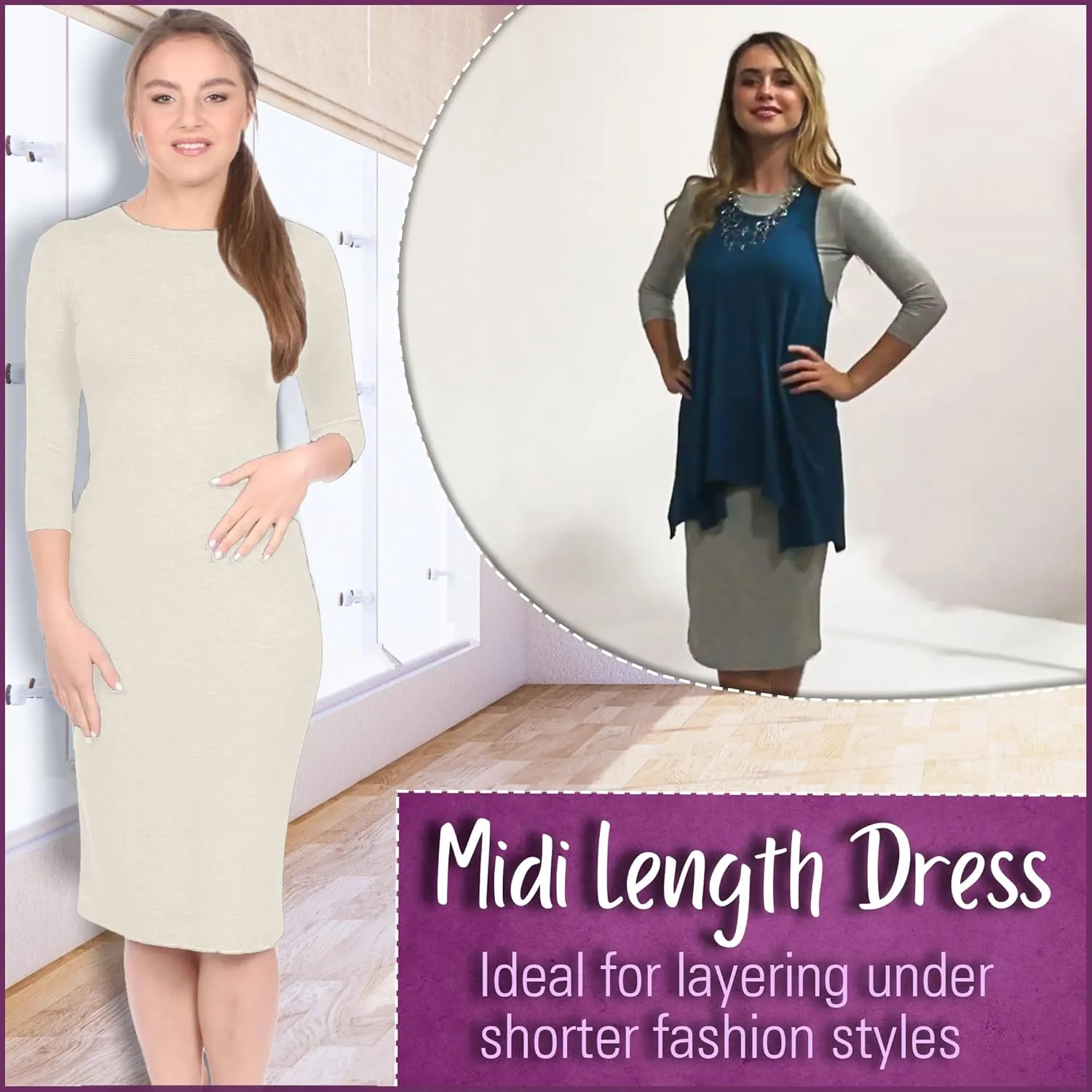 Kosher Casual Women's Modest Knee Length 3/4 Sleeve Layering Midi Dress