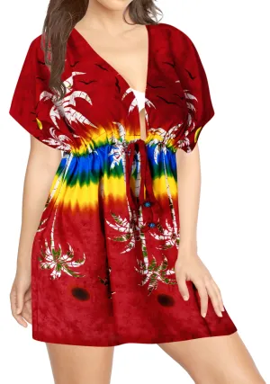 LA LEELA Bikni Swimwear Soft fabric Printed Beachwear Loose Cover Up OSFM 14-24W [L- 3X] Blood Red_B815