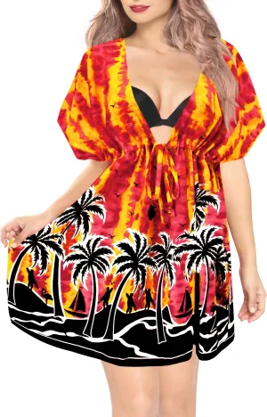 LA LEELA Bikni Swimwear Soft fabric Printed Beachwear Loose Cover Up OSFM 14-24W [L- 3X] Blood Red_B937