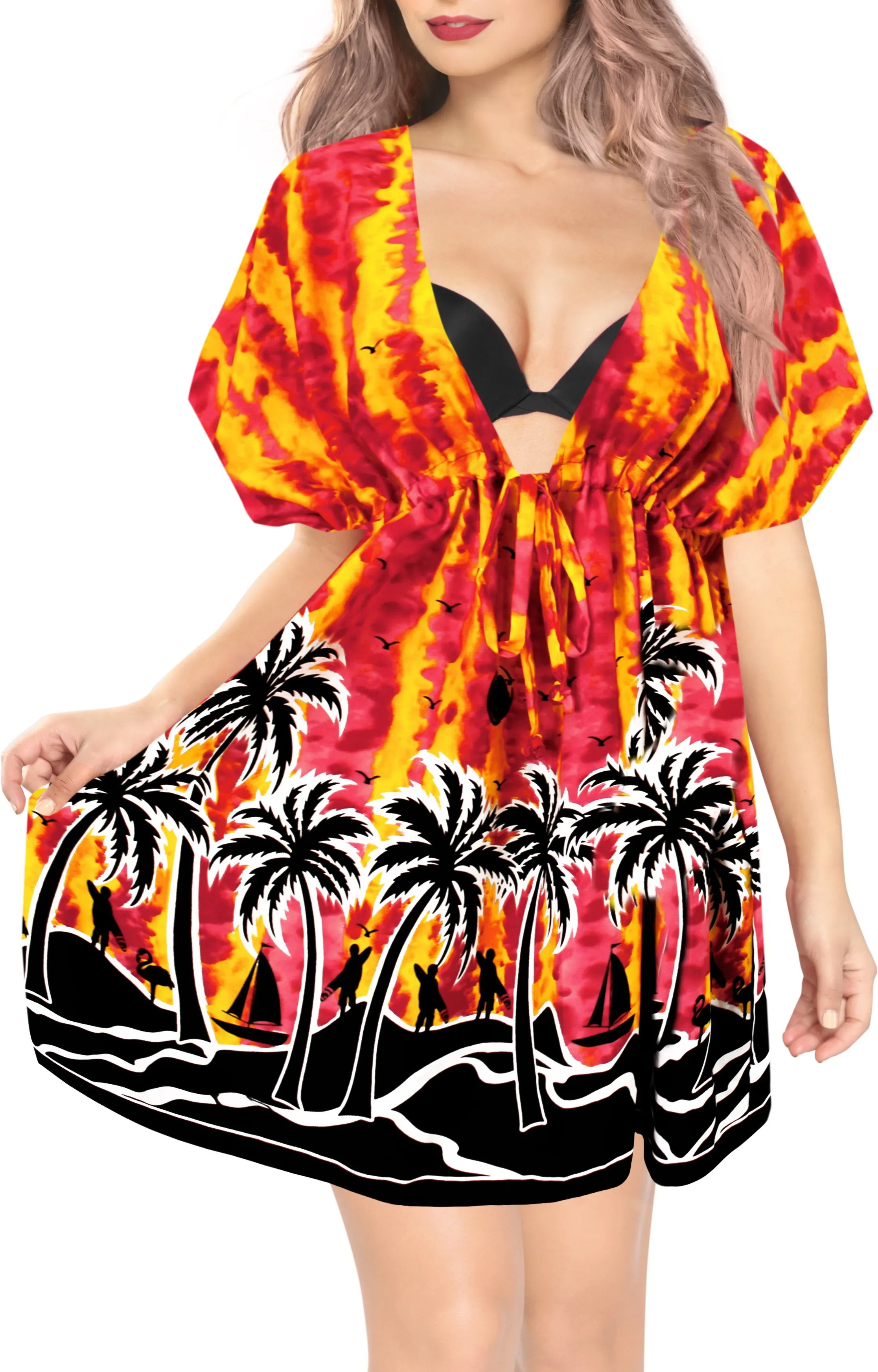 LA LEELA Bikni Swimwear Soft fabric Printed Beachwear Loose Cover Up OSFM 14-24W [L- 3X] Blood Red_B937