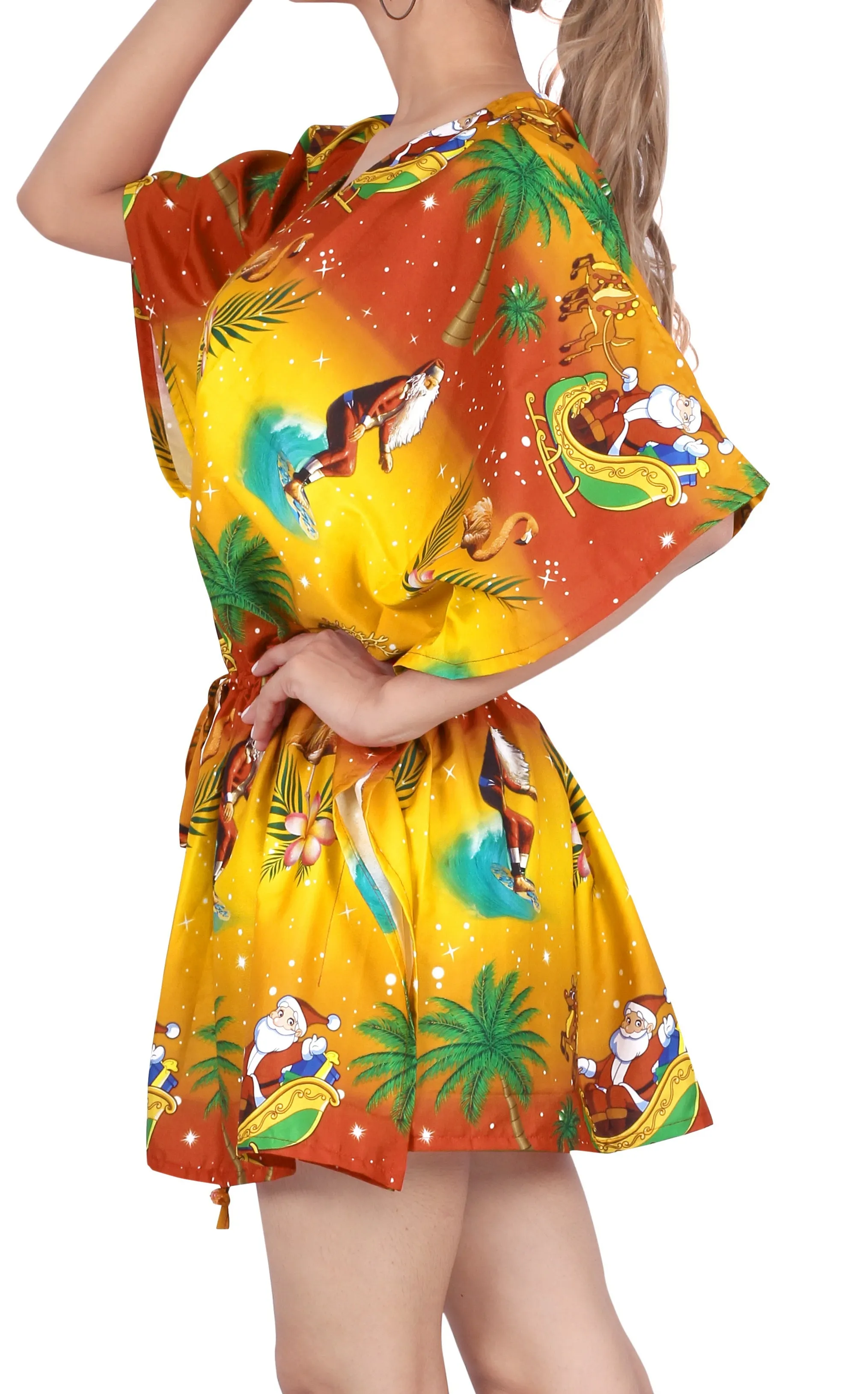 LA LEELA Christmas Santa claus Print Beach Cover Up OSFM 14-28 [L-4X] Blue_2137