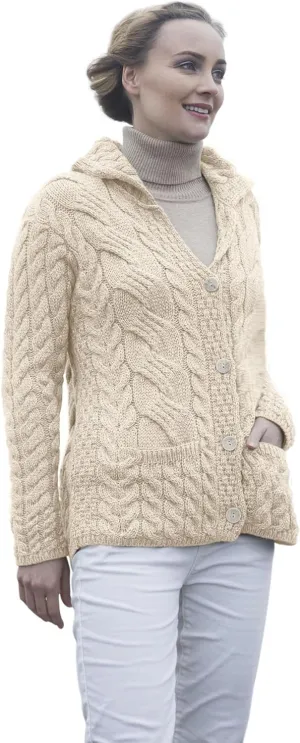 Ladies Buttoned Cabled Cardigan-L (Medium, Natural)