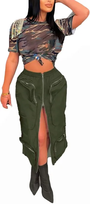 LAJIOJIO Cargo Skirts High Waisted Skirts for Women Front Split Slim Fit Casual Maxi Skirt Streetwear