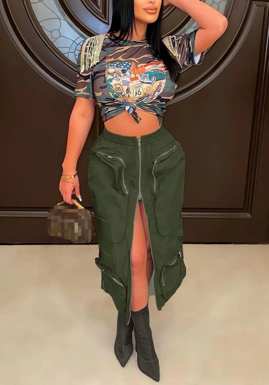 LAJIOJIO Cargo Skirts High Waisted Skirts for Women Front Split Slim Fit Casual Maxi Skirt Streetwear