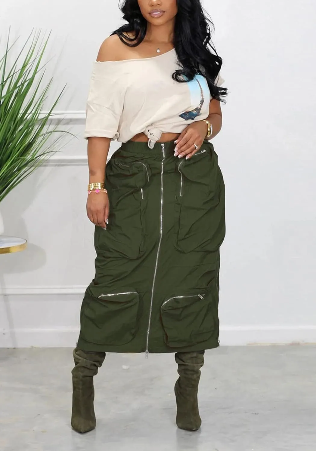 LAJIOJIO Cargo Skirts High Waisted Skirts for Women Front Split Slim Fit Casual Maxi Skirt Streetwear