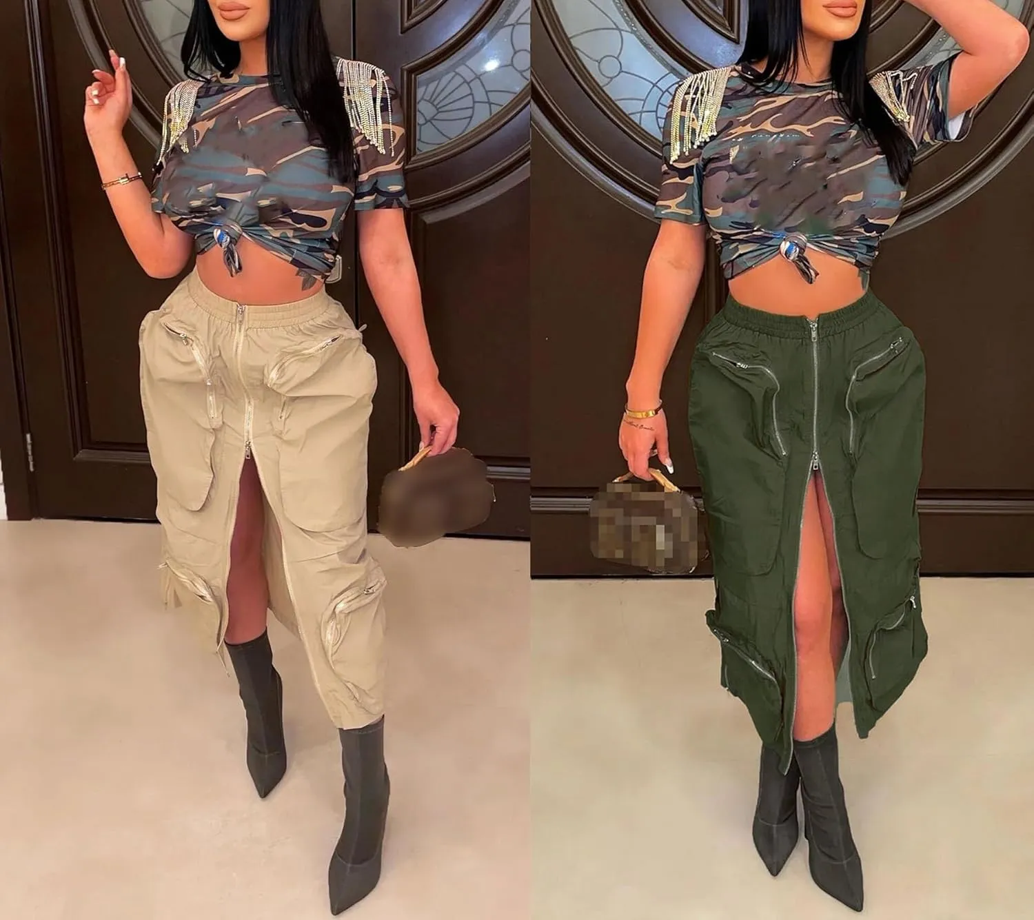 LAJIOJIO Cargo Skirts High Waisted Skirts for Women Front Split Slim Fit Casual Maxi Skirt Streetwear