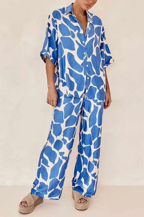 Lazy Beach Days Unique Print Short Sleeve Loose Shirt and Elastic Waist Pants Set