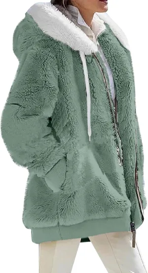 lcyhony Winter Coats for Women Sherpa Fleece Warm Comfy Zip Up Jackets Plus Size Faux Fur Hooded Outerwear with Pockets