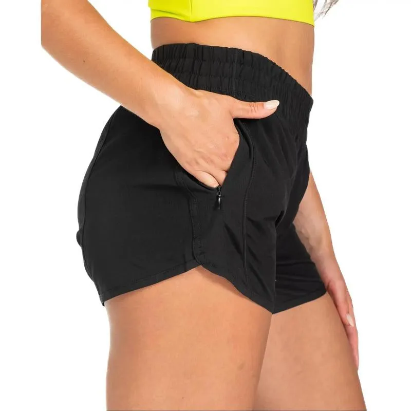 Level up Shorts - Black - Women Mid-Rise Running and Gym Shorts with Secure Pockets and Adjustable Waist