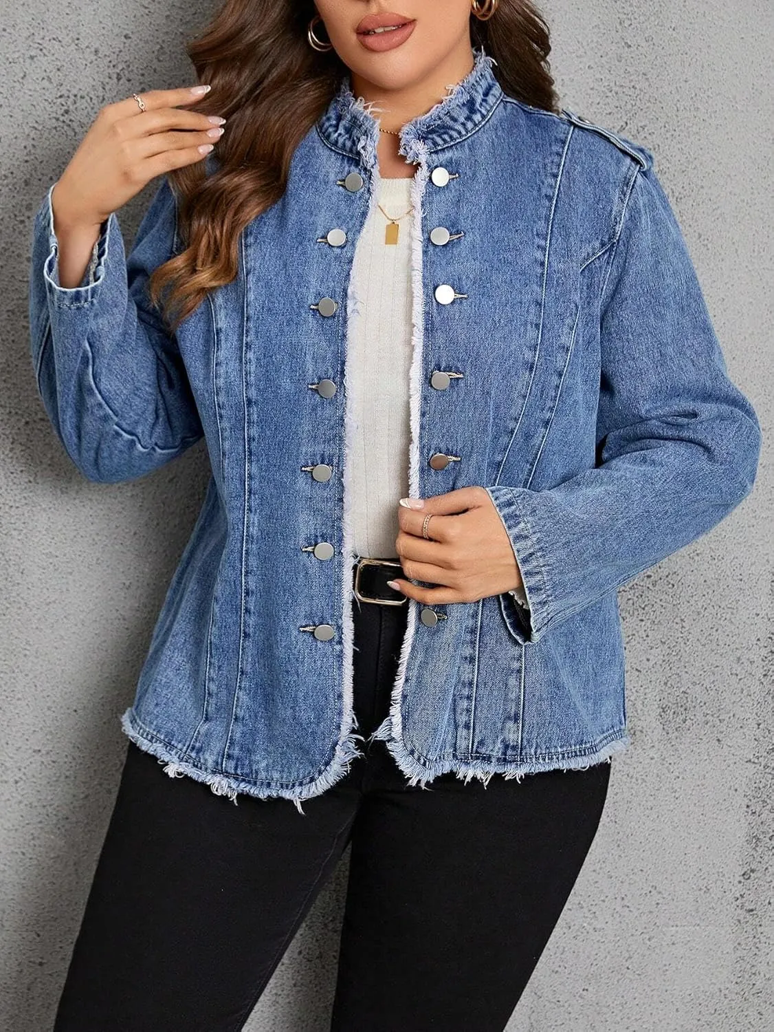 LifeShe Women's Denim Jacket Plus Size Double Breasted Button Raw Trim Jean Jackets Coat