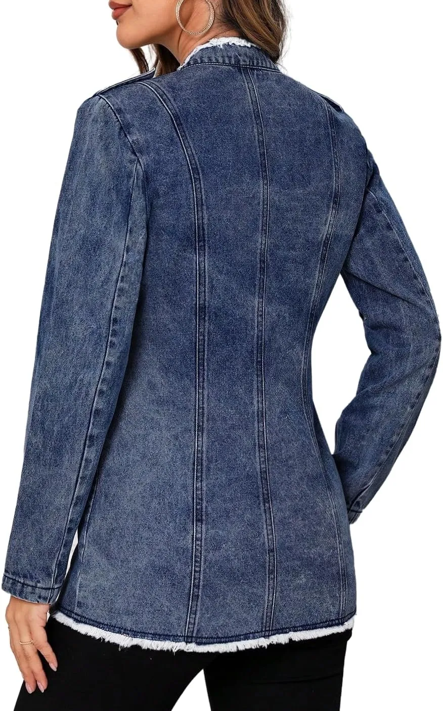 LifeShe Women's Denim Jacket Plus Size Double Breasted Button Raw Trim Jean Jackets Coat