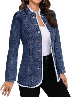 LifeShe Women's Denim Jacket Plus Size Double Breasted Button Raw Trim Jean Jackets Coat