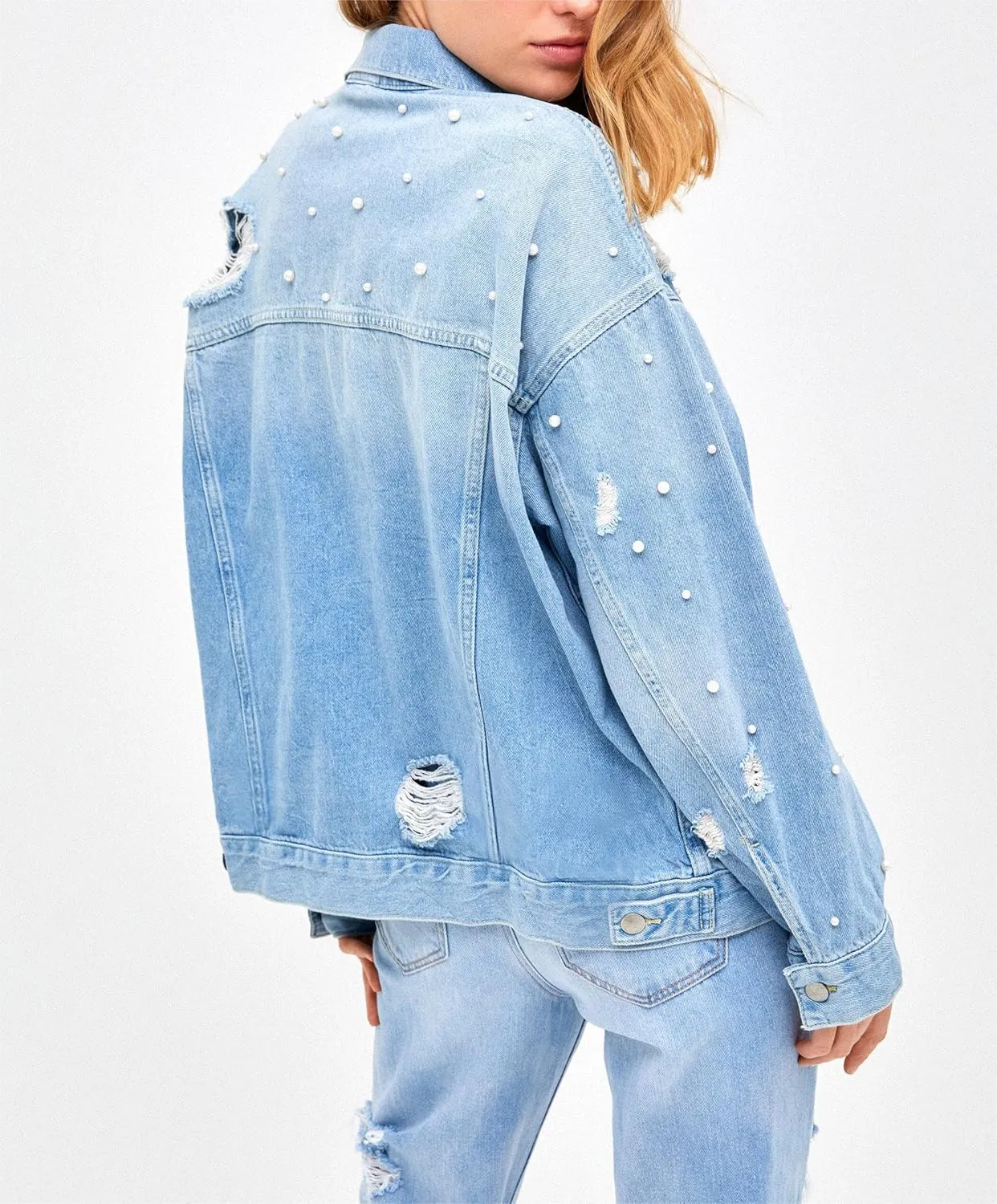 LifeShe Women's Pearl Denim Jacket Long Sleeve Ripped Distressed Jean Jackets Coat