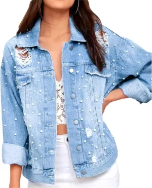 LifeShe Women's Pearl Denim Jacket Long Sleeve Ripped Distressed Jean Jackets Coat