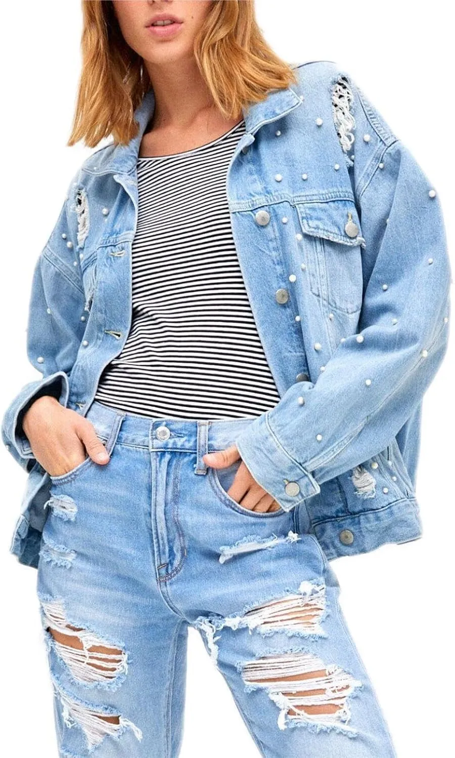 LifeShe Women's Pearl Denim Jacket Long Sleeve Ripped Distressed Jean Jackets Coat