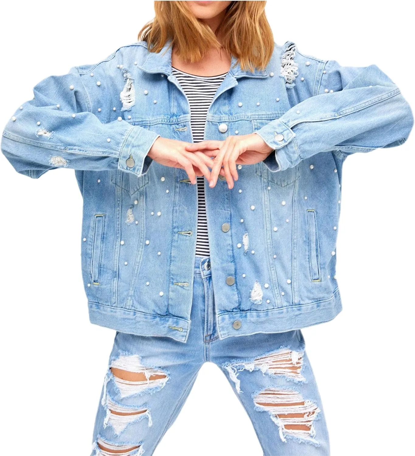 LifeShe Women's Pearl Denim Jacket Long Sleeve Ripped Distressed Jean Jackets Coat