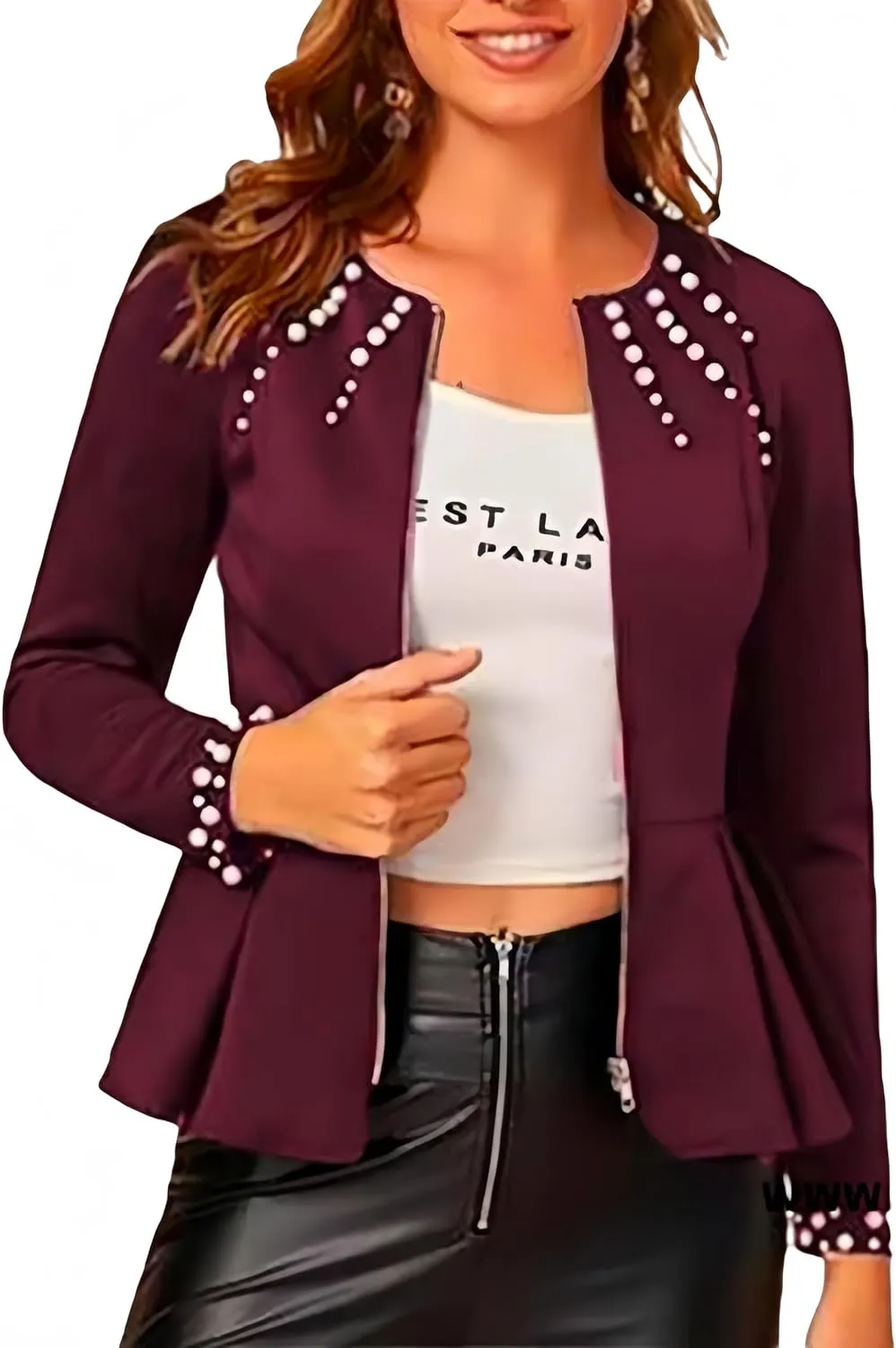 LifeShe Women's Pearls Blazer Work Office Crewneck Zipper Ruffle Hem Dressy Peplum Jackets