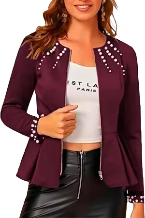 LifeShe Women's Pearls Blazer Work Office Crewneck Zipper Ruffle Hem Dressy Peplum Jackets