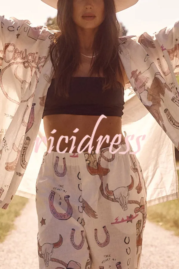 Linen Blend Unique Printed Short-sleeved Shirt and Elastic Waisted Baggy Pants Set