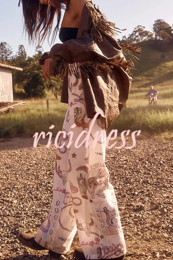 Linen Blend Unique Printed Short-sleeved Shirt and Elastic Waisted Baggy Pants Set