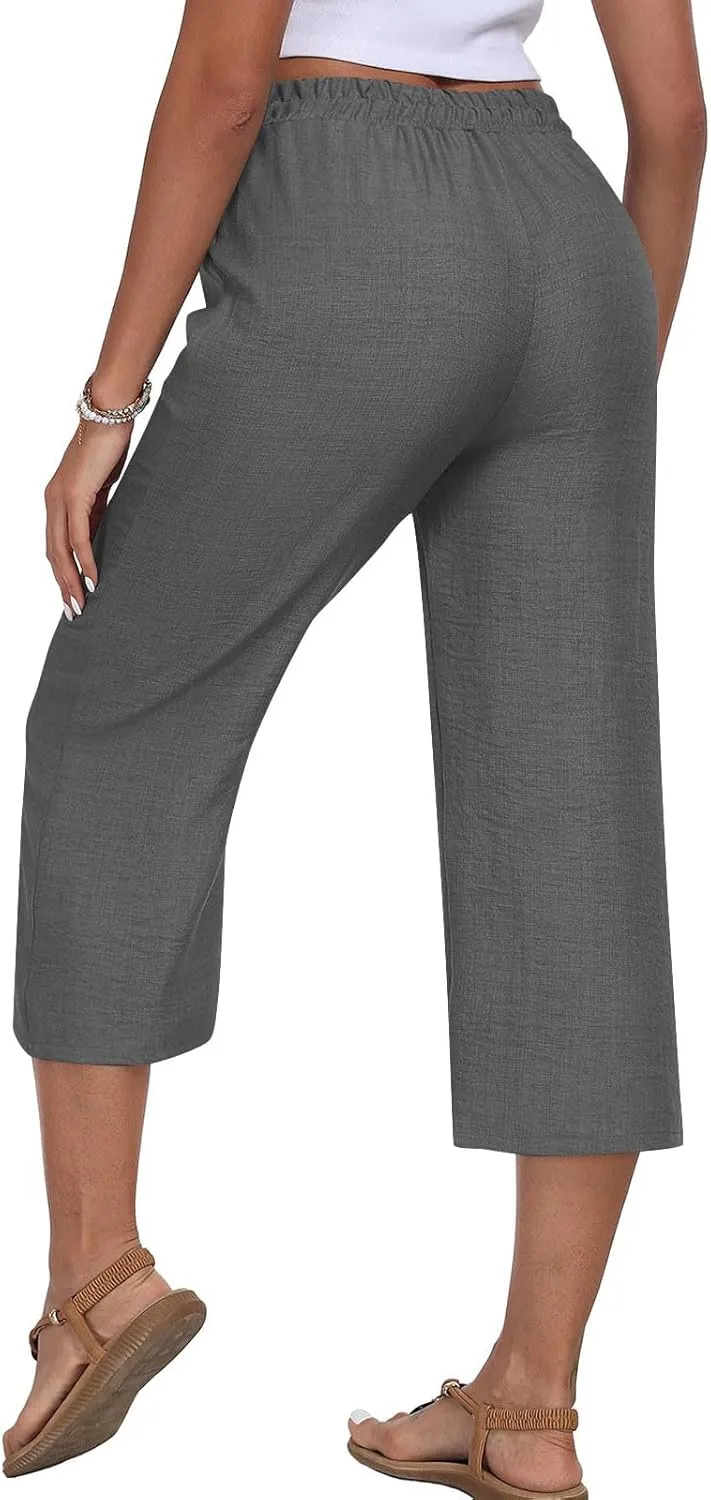 Linen Capri Pants for Women 2025 Casual Elastic Waist Cropped Trouser Trendy Resort Wear Beach Vacation Capris Clothes