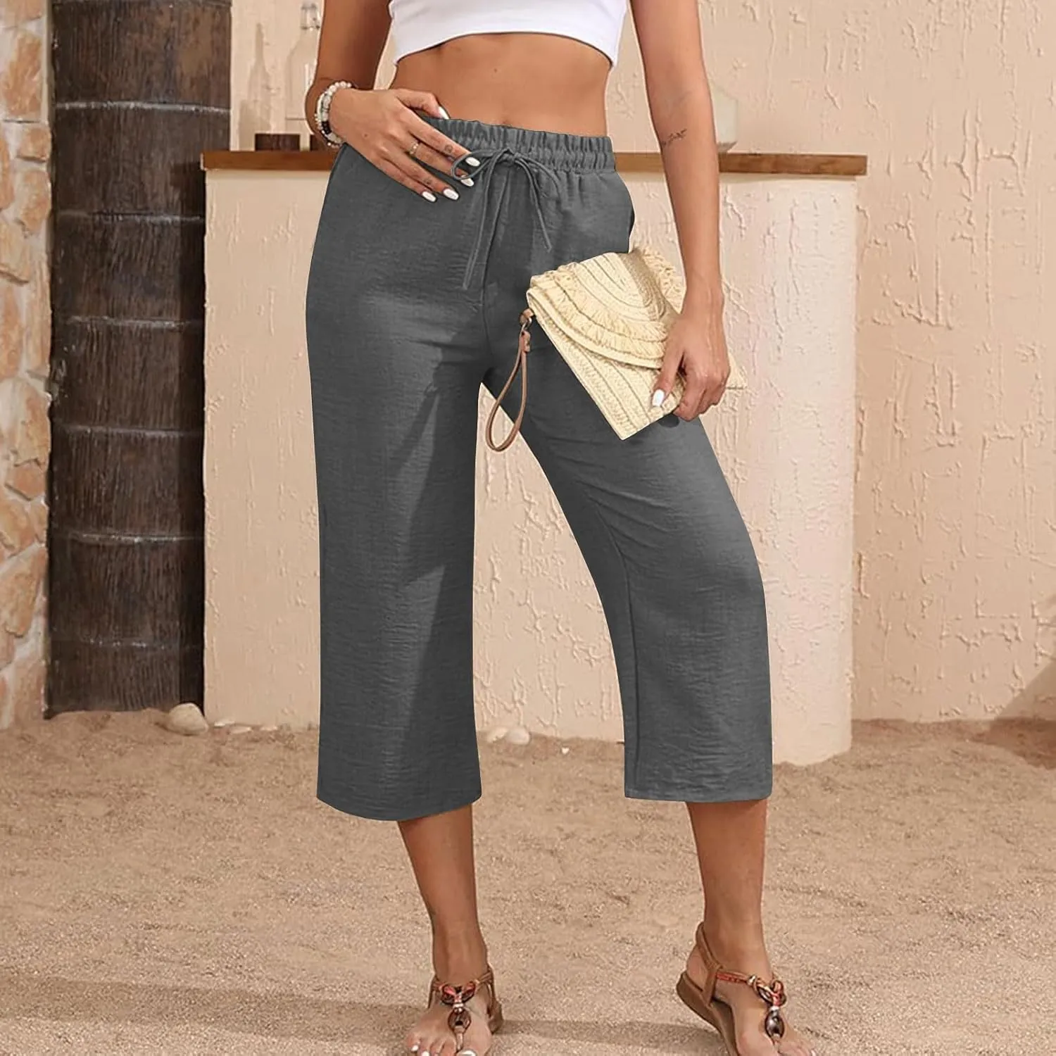 Linen Capri Pants for Women 2025 Casual Elastic Waist Cropped Trouser Trendy Resort Wear Beach Vacation Capris Clothes