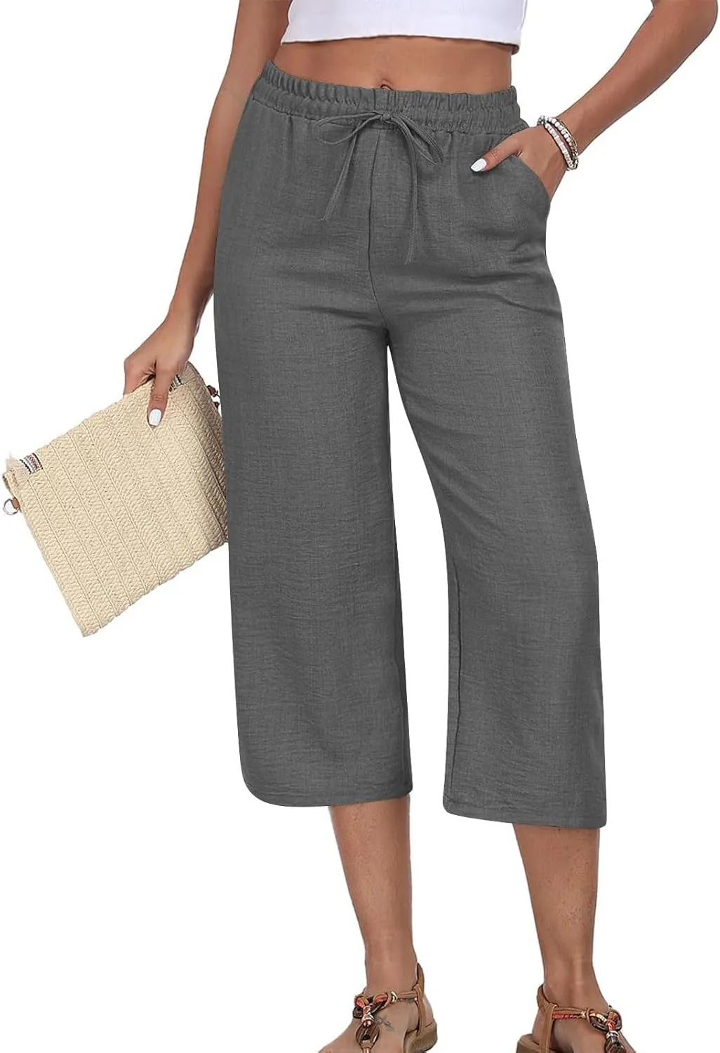 Linen Capri Pants for Women 2025 Casual Elastic Waist Cropped Trouser Trendy Resort Wear Beach Vacation Capris Clothes