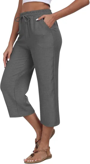 Linen Capri Pants for Women 2025 Casual Elastic Waist Cropped Trouser Trendy Resort Wear Beach Vacation Capris Clothes
