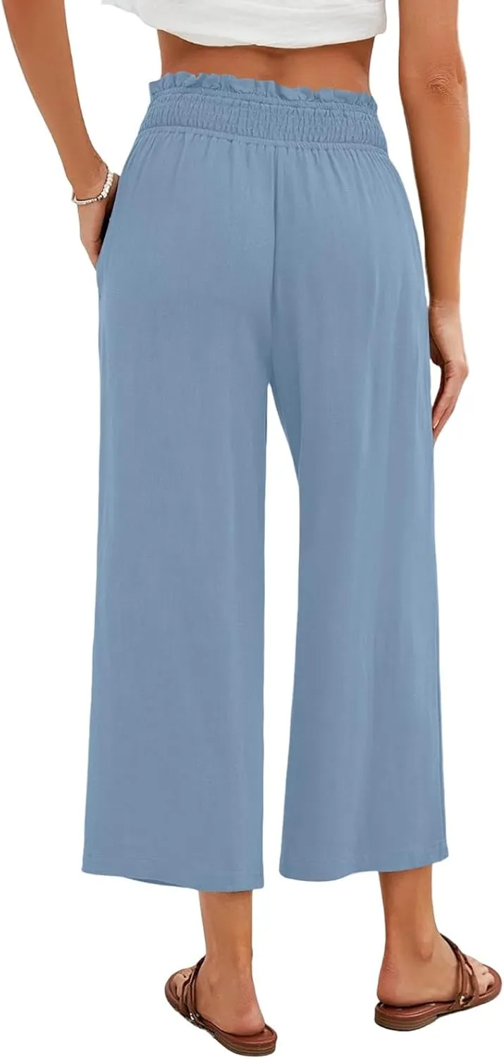 Linen Capri Pants for Women Smocked Elastic Waist Cropped Palazzo Trouser Casual Summer Flowy Beach Pants with Pockets