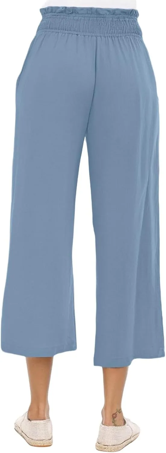 Linen Capri Pants for Women Smocked Elastic Waist Cropped Palazzo Trouser Casual Summer Flowy Beach Pants with Pockets