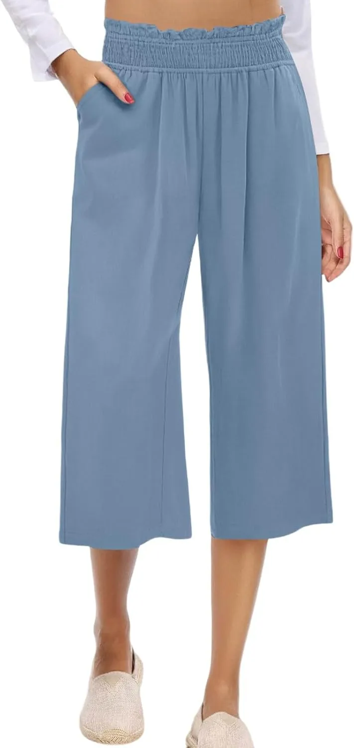 Linen Capri Pants for Women Smocked Elastic Waist Cropped Palazzo Trouser Casual Summer Flowy Beach Pants with Pockets