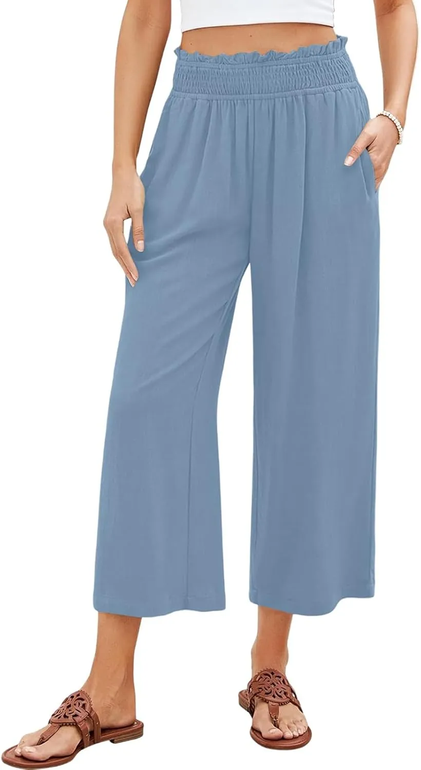 Linen Capri Pants for Women Smocked Elastic Waist Cropped Palazzo Trouser Casual Summer Flowy Beach Pants with Pockets