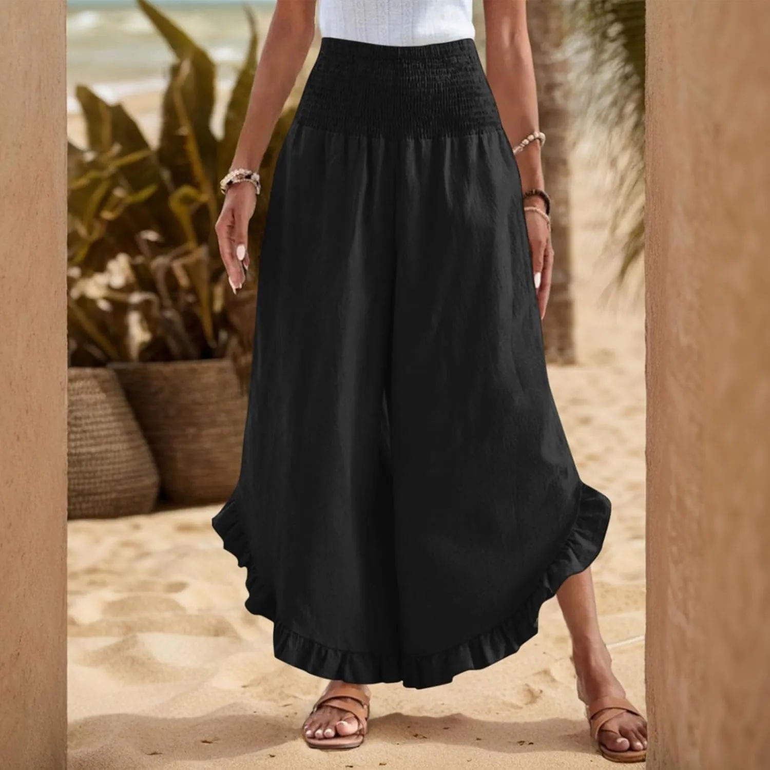 Linen Casual Pants for Women Summer Flowy Palazzo Pants Dressy High Waist Smocked Ruffle Hem Classic Pockets Trousers
