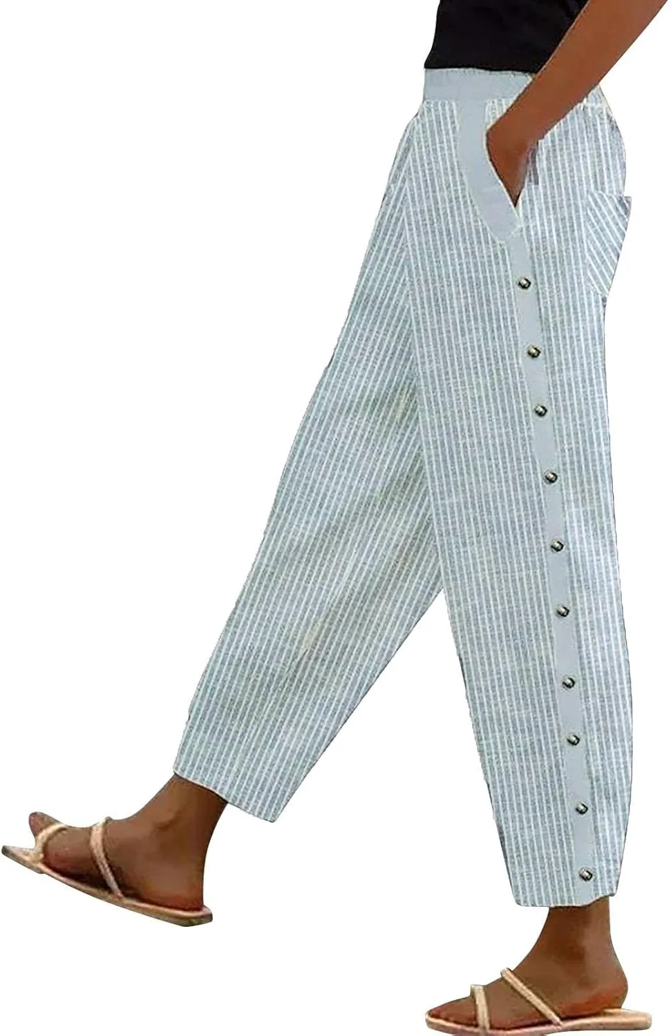 Linen Cropped Pants for Women Summer Trousers Plus Size Pants Trendy Drawstring Elastic Waist Joggers with Pockets