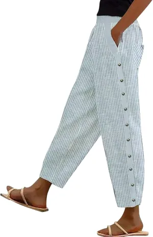 Linen Cropped Pants for Women Summer Trousers Plus Size Pants Trendy Drawstring Elastic Waist Joggers with Pockets