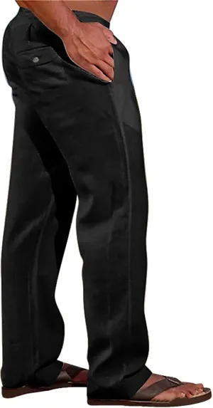 Linen Pants for Men Loose Fit Elastic Drawstring Waist Lounge Beach Pants Summer Casual Straight Leg Dress Trousers