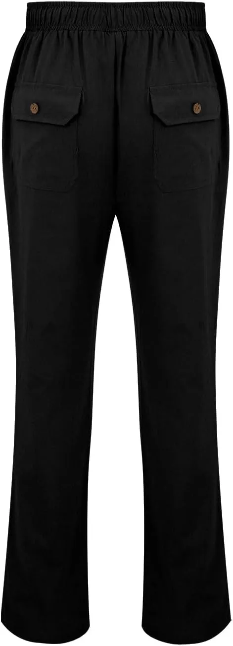 Linen Pants for Men Loose Fit Elastic Drawstring Waist Lounge Beach Pants Summer Casual Straight Leg Dress Trousers