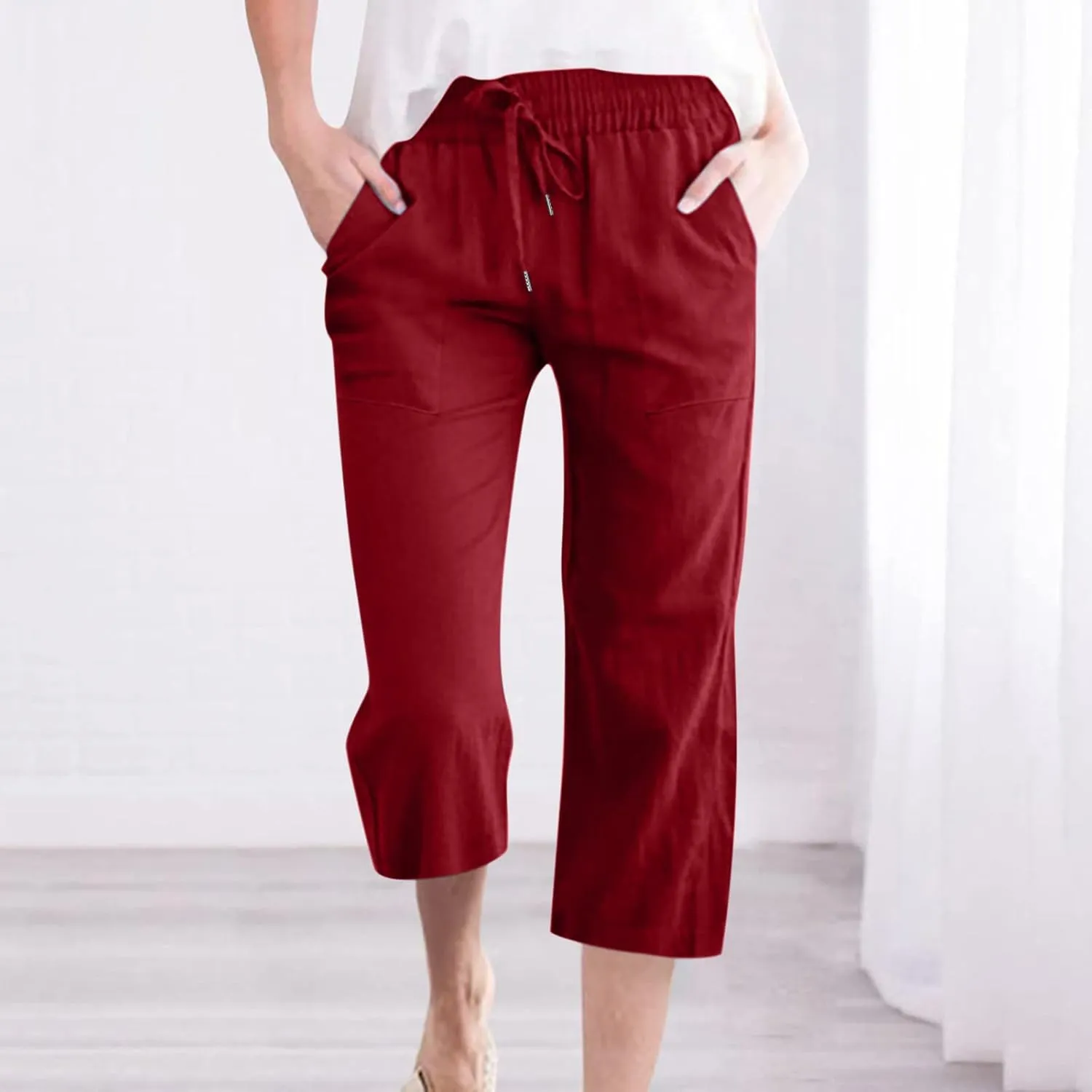 Linen Pants for Women 2025 Summer Capri Pant Trendy Drawstring Elastic Waist Cropped Trouser Comy Cotton Pants