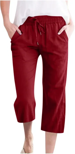 Linen Pants for Women 2025 Summer Capri Pant Trendy Drawstring Elastic Waist Cropped Trouser Comy Cotton Pants