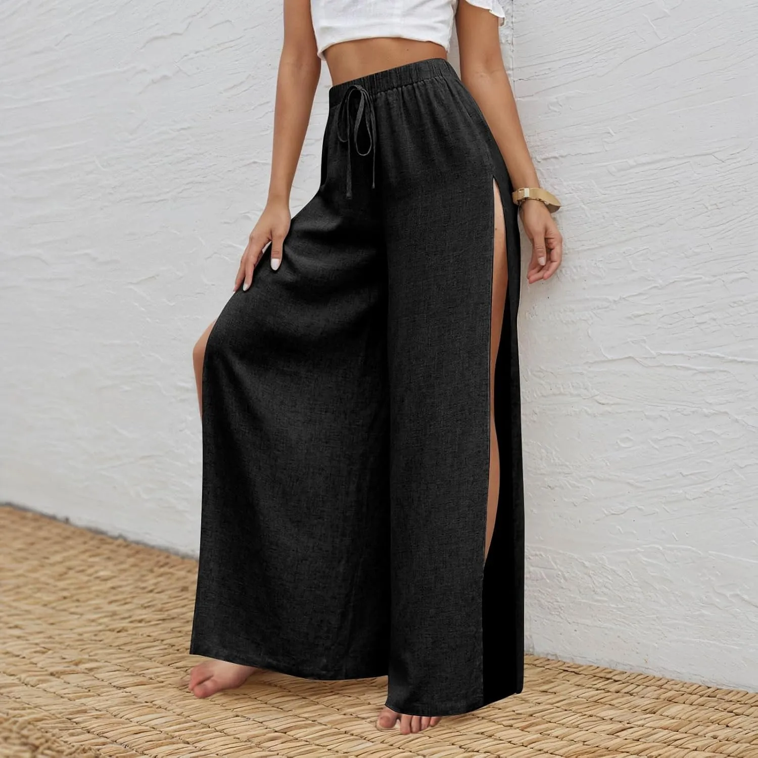 Linen Pants for Women Beach Wide Leg Side Split Ankle Palazzo Pants Drawstring Elastic Waist Summer Flowy Trousers